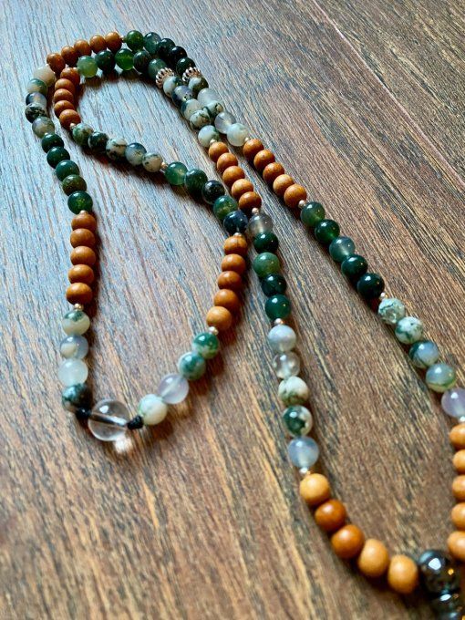 Mala Agate mousse, Agate arbre et perle en bois