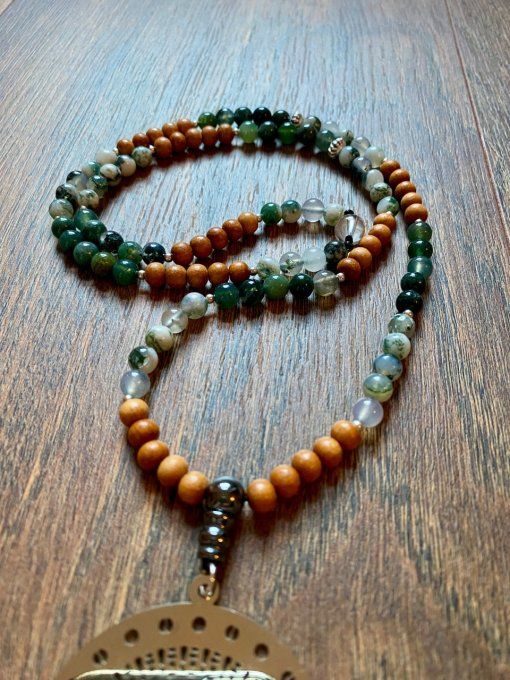 Mala Agate mousse, Agate arbre et perle en bois